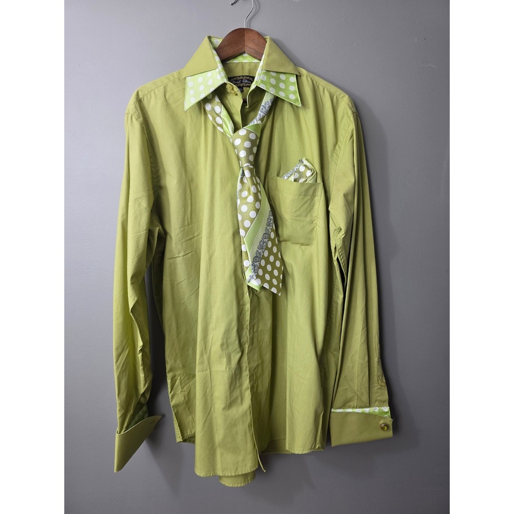 Daniel Ellissa Mens Lime Green Dress Shirt French Cuff Tie Set 16.5 36/37